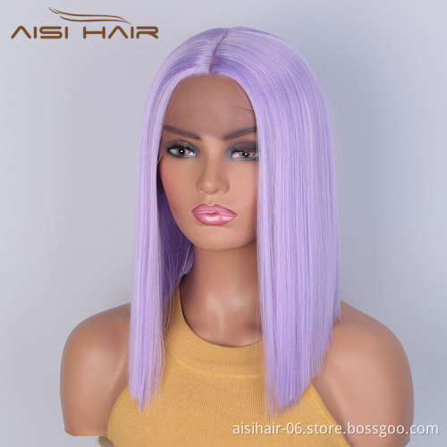 Aisi Hair Medium Long 16 Inch Purple Wig Cosplay Swiss Lace Wig Silky Straight Synthetic Lace Frontal Hair Wigs For Black Women
